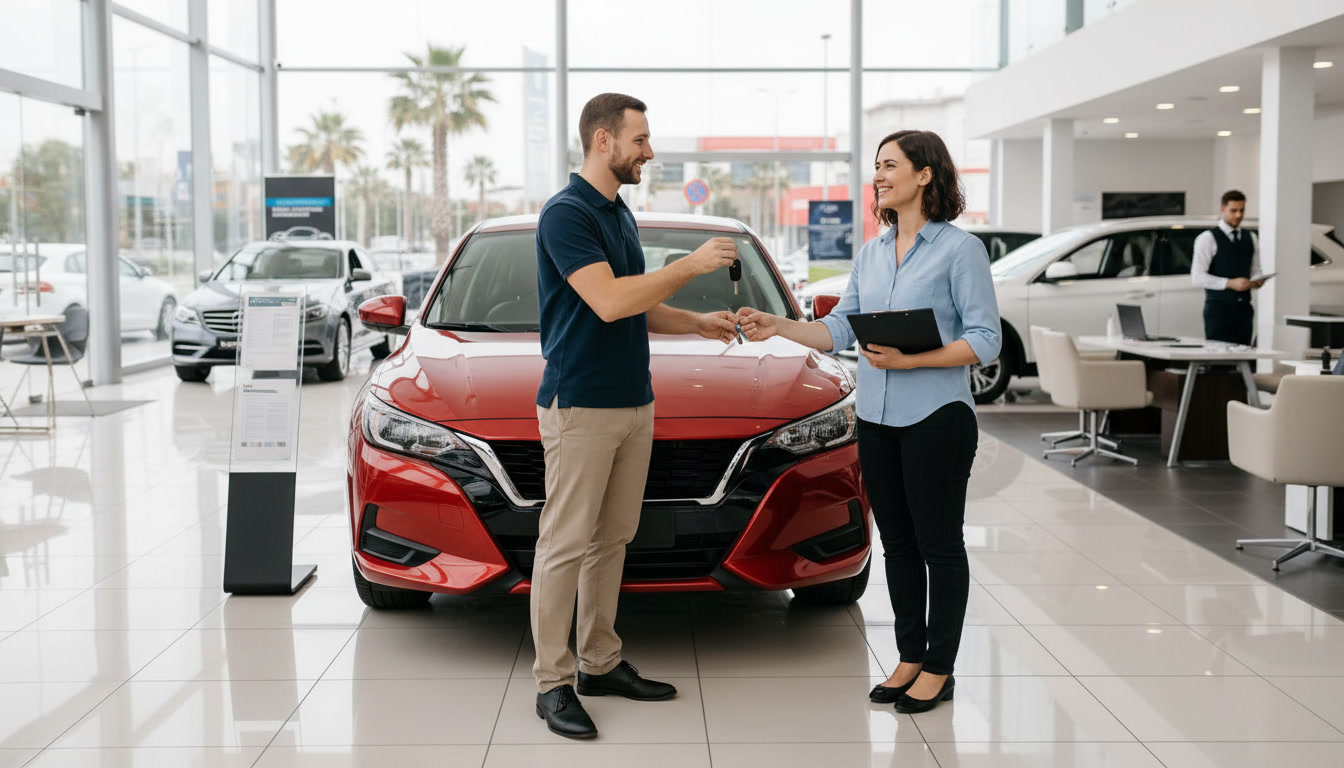 Car dealership with multiple vehicles ready for transport