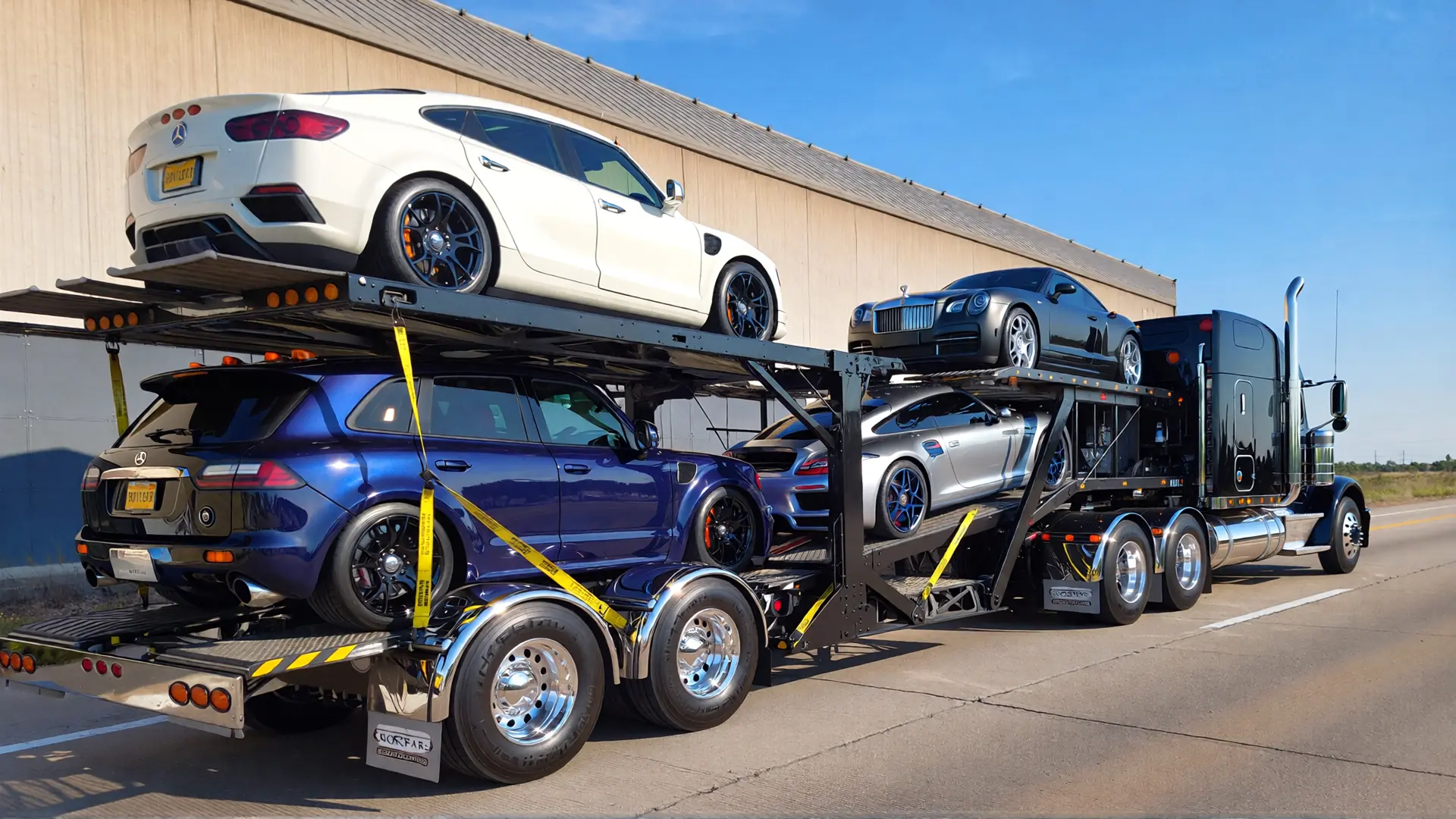 Open auto transport trailer with multiple vehicles